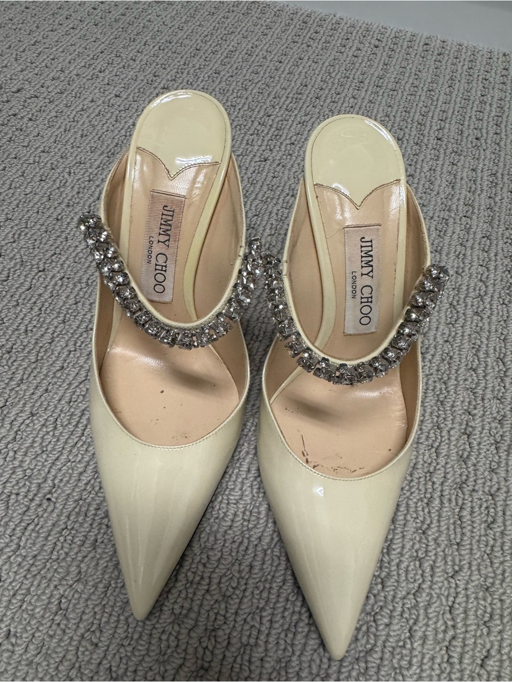 Jimmy Choo Cream Patent Pointed-Toe Mules with Crystal Strap